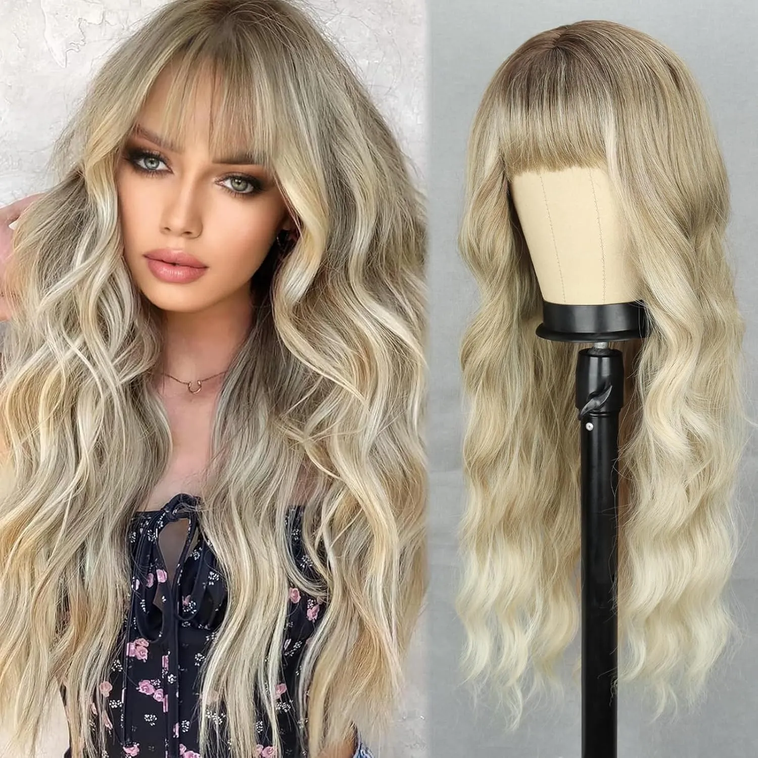 Ash Blonde Wigs with Bangs Long Wavy Ombre Wig for Women,Blonde Synthetic Heat Resistant Wigs for Daily Party Use