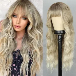 Ash Blonde Wigs with Bangs Long Wavy Ombre Wig for Women,Blonde Synthetic Heat Resistant Wigs for Daily Party Use