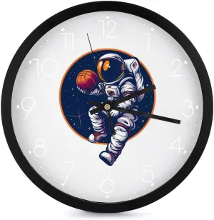 Astronaut Slam Dunk Basketball Space Wall Clock 10 Inch Silent Non-ticking Battery Operated Decorative Clock for Kitchen Bedroom
