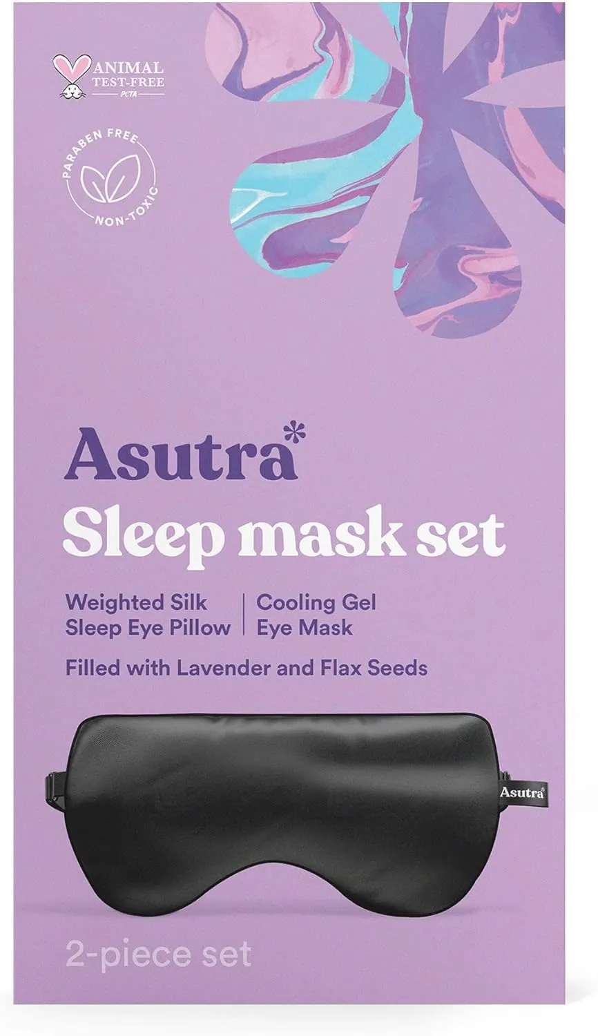 ASUTRA Silk Eye Pillow for Sleep, Black - Filled w/Lavender Buds & Flax Seeds, Weighted Eye Mask, Meditation & Light Blocking Blindfold, Cooling Gel Mask Included