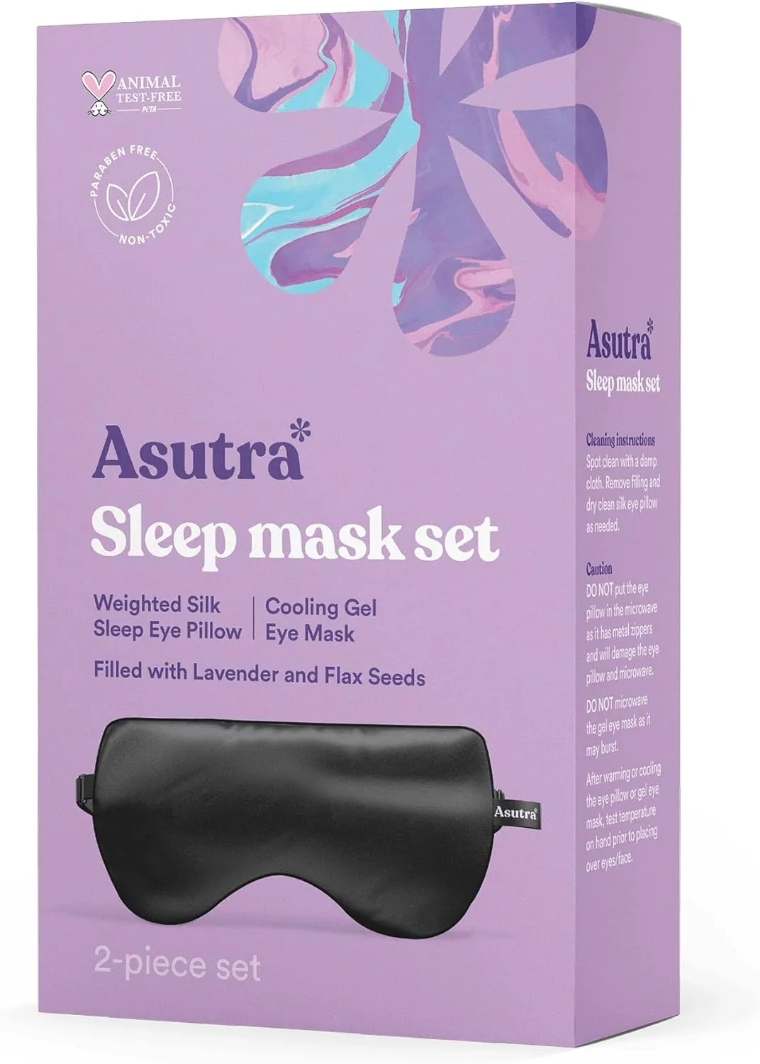 ASUTRA Silk Eye Pillow for Sleep, Black - Filled w/Lavender Buds & Flax Seeds, Weighted Eye Mask, Meditation & Light Blocking Blindfold, Cooling Gel Mask Included