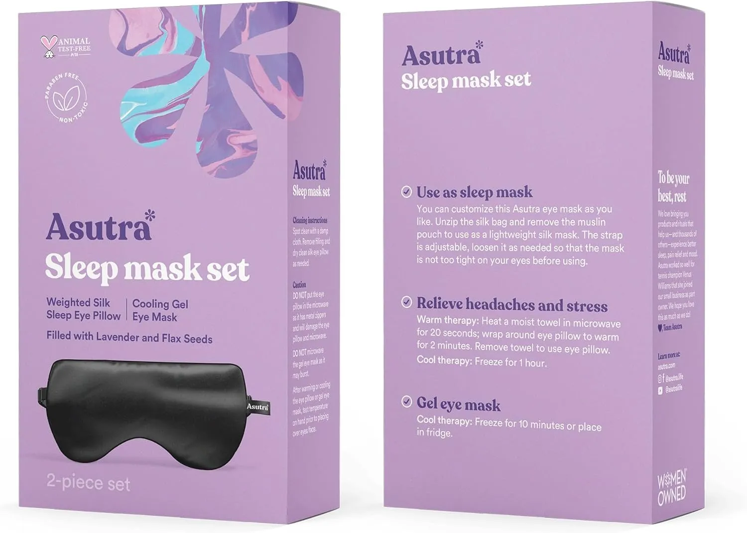 ASUTRA Silk Eye Pillow for Sleep, Black - Filled w/Lavender Buds & Flax Seeds, Weighted Eye Mask, Meditation & Light Blocking Blindfold, Cooling Gel Mask Included