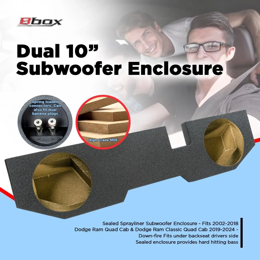 Atrend Bbox Dual 10 Inch Subwoofer Box - Sealed Sprayliner Subwoofer Enclosure - Fits 2002-2018 Dodge Ram Quad Cab - Subwoofer Box for 10 Inch Subwoofers - Car Subwoofer Boxes & Enclosures