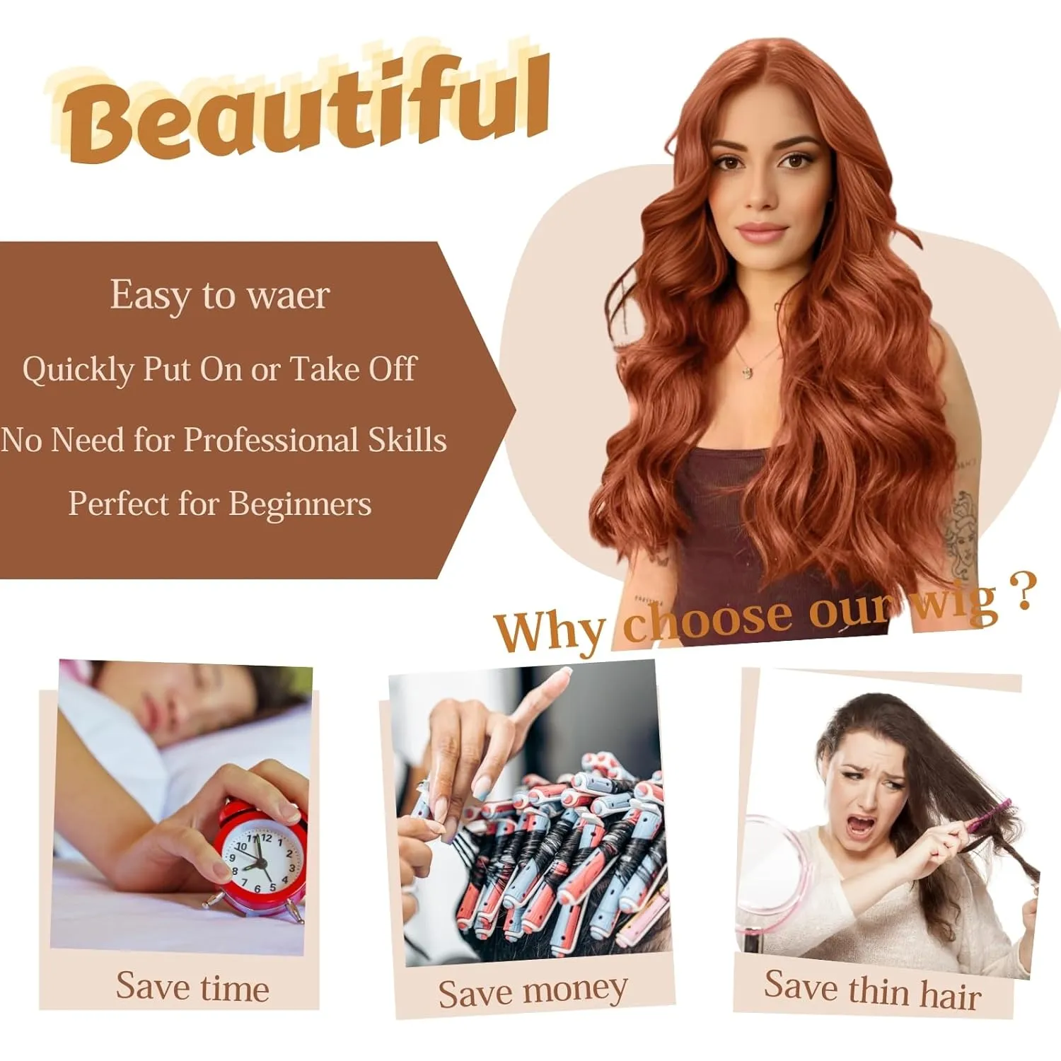 Auburn Wigs for Women, 26 inch Lace Hairline Middle Part Long Curly Wig Heat Resistant Synthetic Hair Looking Natural, Fiber Wig for Daily Party Use