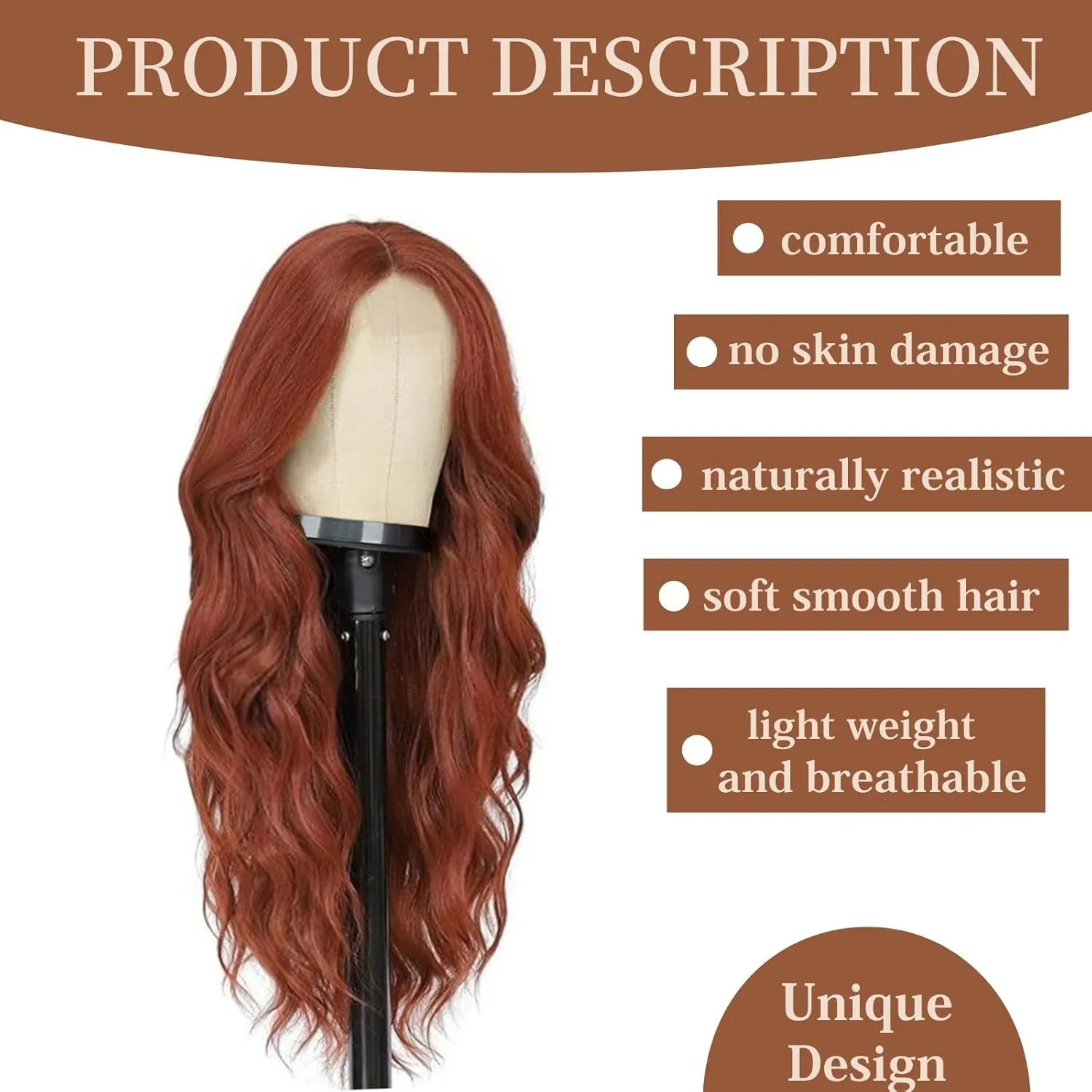 Auburn Wigs for Women, 26 inch Lace Hairline Middle Part Long Curly Wig Heat Resistant Synthetic Hair Looking Natural, Fiber Wig for Daily Party Use