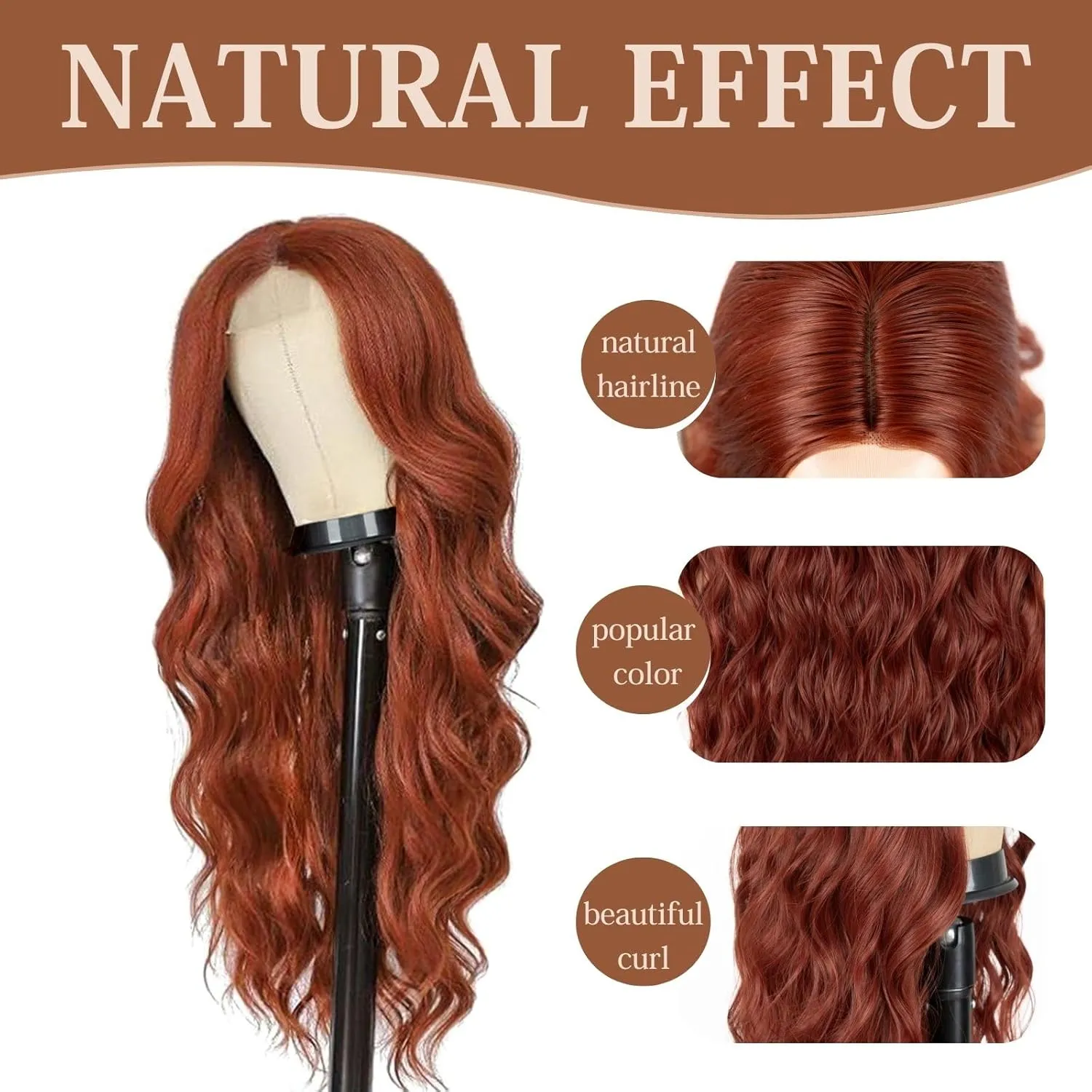 Auburn Wigs for Women, 26 inch Lace Hairline Middle Part Long Curly Wig Heat Resistant Synthetic Hair Looking Natural, Fiber Wig for Daily Party Use