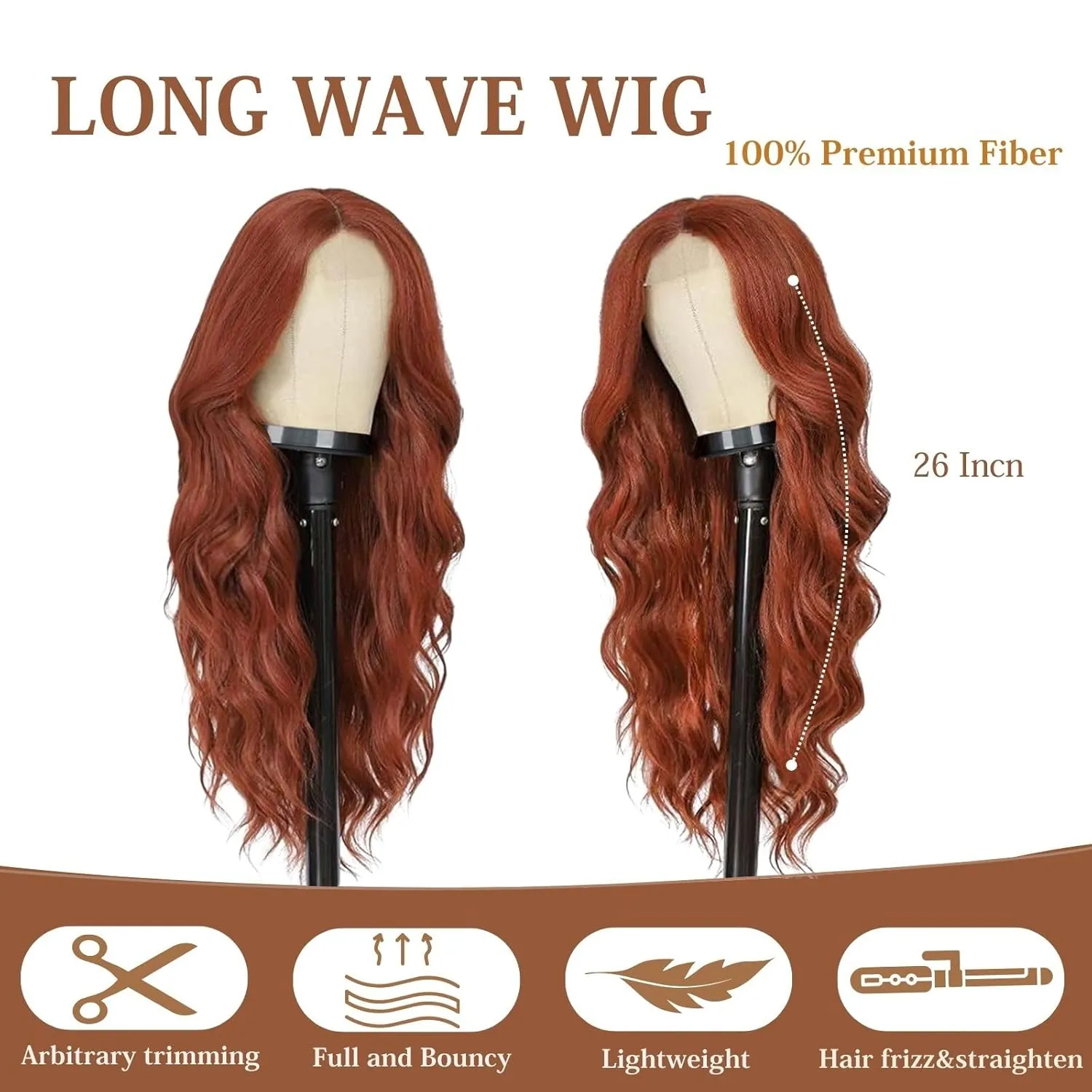 Auburn Wigs for Women, 26 inch Lace Hairline Middle Part Long Curly Wig Heat Resistant Synthetic Hair Looking Natural, Fiber Wig for Daily Party Use