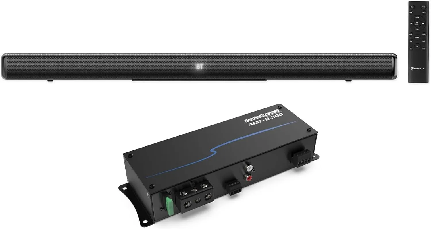 Audiosavings Bundle: ACM-2.300 Micro 300 Watt 2 Channel Car Amplifier Audio Control Amp Bundle with Rockville ONE-BAR All in One SoundBar 2.1 Bluetooth Sound Bar w/Sub Built in (2 Items)