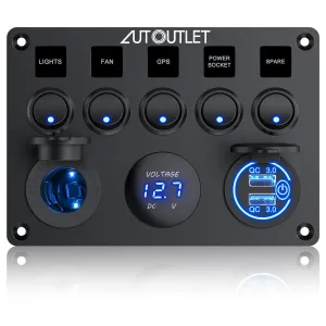 AUTOUTLET 5-Way Switch Panel with USB Ports & LED Indicator, 12V Cigarette Lighter Socket, IP66 Waterproof, 12V-24V Universal Switch Panel, Ideal for Boats, Trucks, RVs, and More