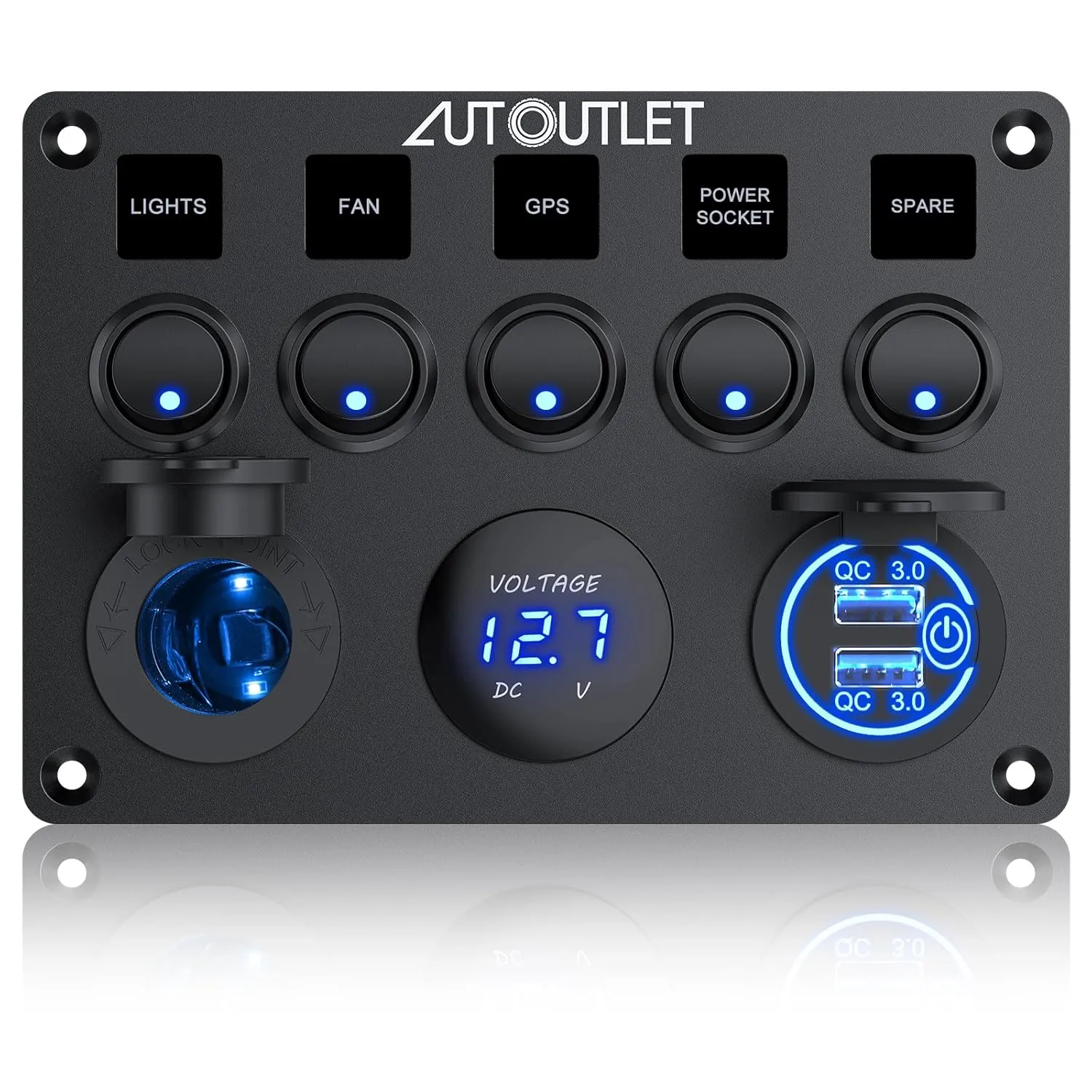 AUTOUTLET 5-Way Switch Panel with USB Ports & LED Indicator, 12V Cigarette Lighter Socket, IP66 Waterproof, 12V-24V Universal Switch Panel, Ideal for Boats, Trucks, RVs, and More