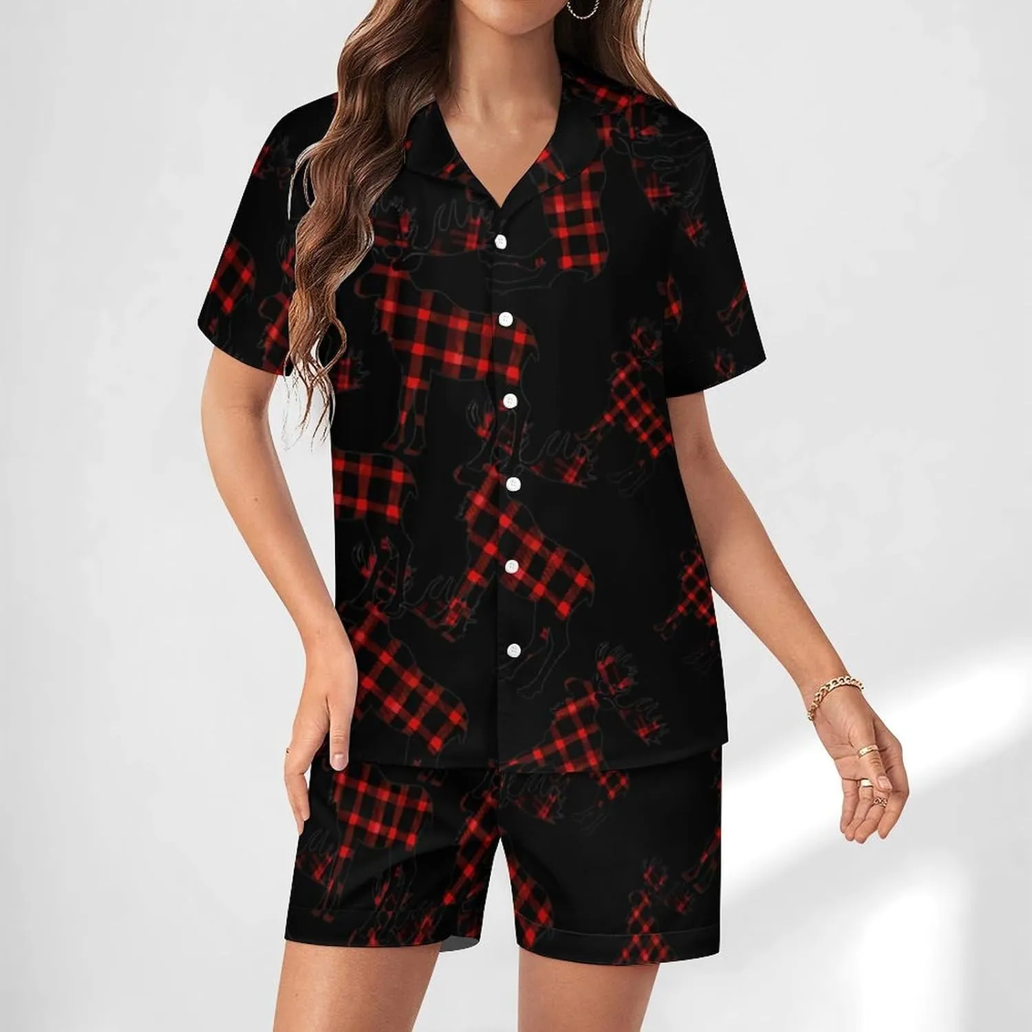 Autumn Plaid Moose Women's Satin Pajama Set Short Sleeve Button Down Sleepwear Loungewear Pj Set