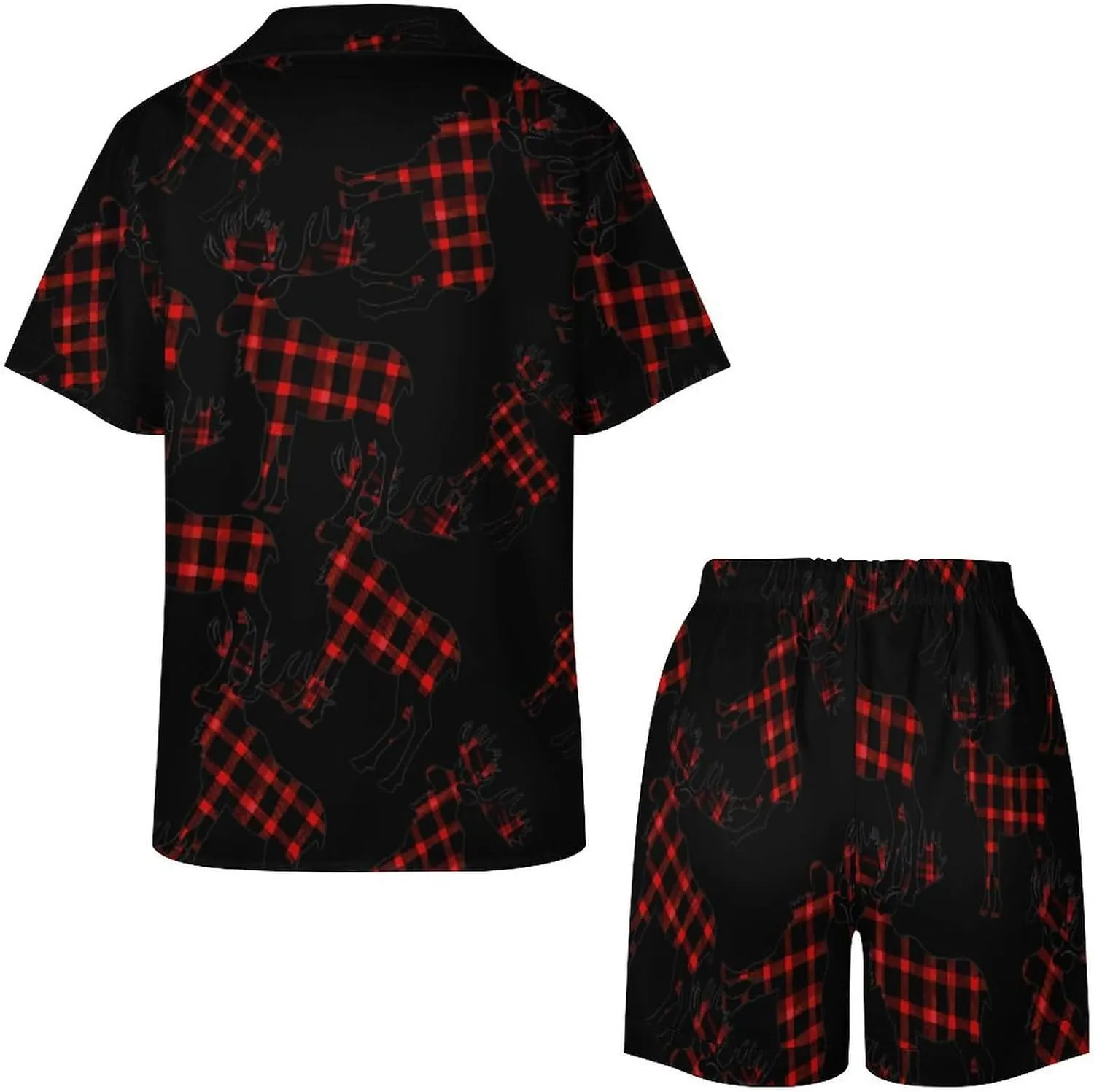 Autumn Plaid Moose Women's Satin Pajama Set Short Sleeve Button Down Sleepwear Loungewear Pj Set
