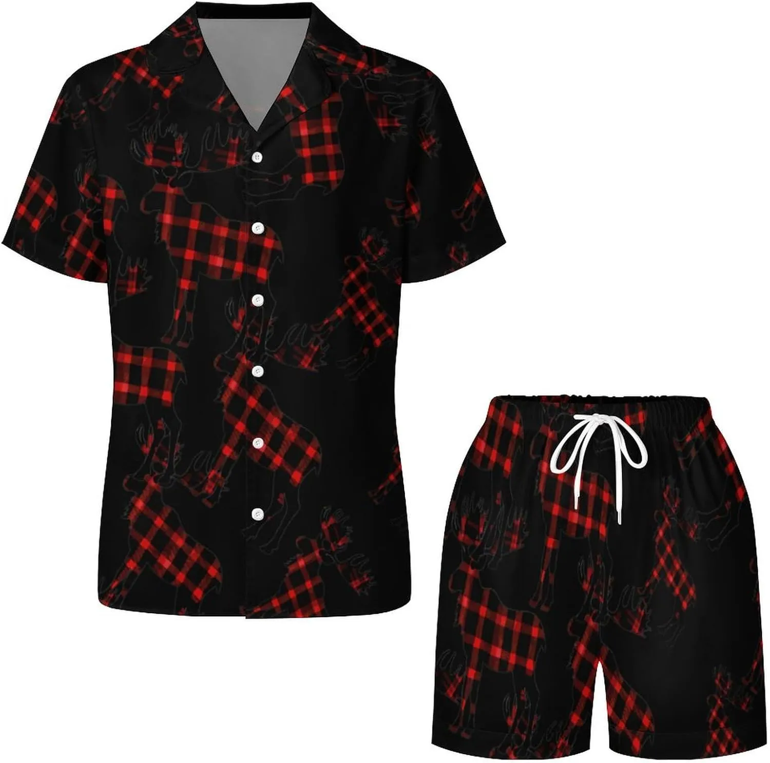 Autumn Plaid Moose Women's Satin Pajama Set Short Sleeve Button Down Sleepwear Loungewear Pj Set