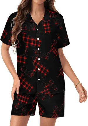 Autumn Plaid Moose Women's Satin Pajama Set Short Sleeve Button Down Sleepwear Loungewear Pj Set