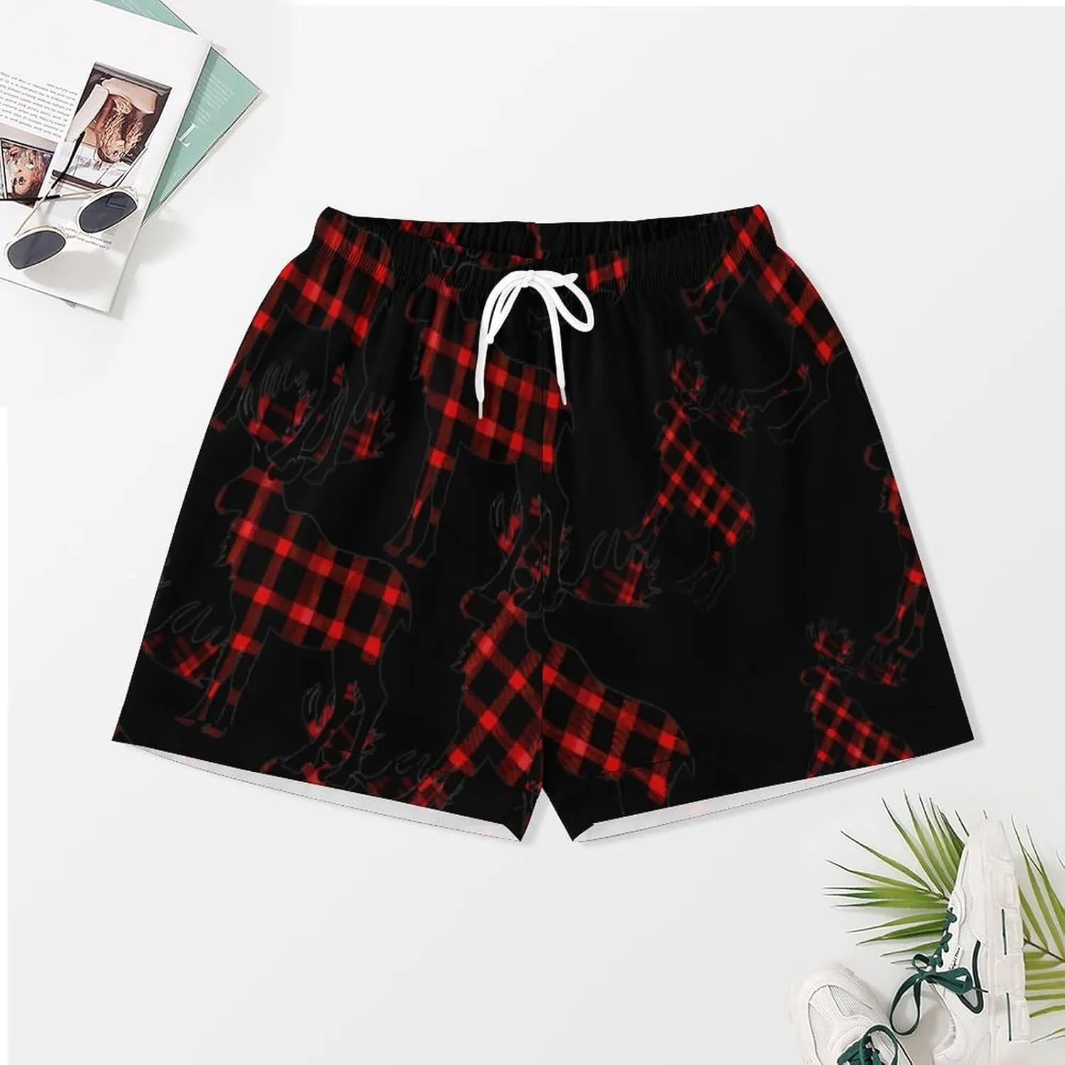 Autumn Plaid Moose Women's Satin Pajama Set Short Sleeve Button Down Sleepwear Loungewear Pj Set