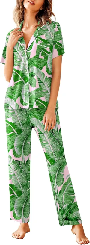 Avidlove Women Pajamas Set Notch Collar Soft Sleepwear Pjs Short Sleeve Button Down Nightwear with Long Pants