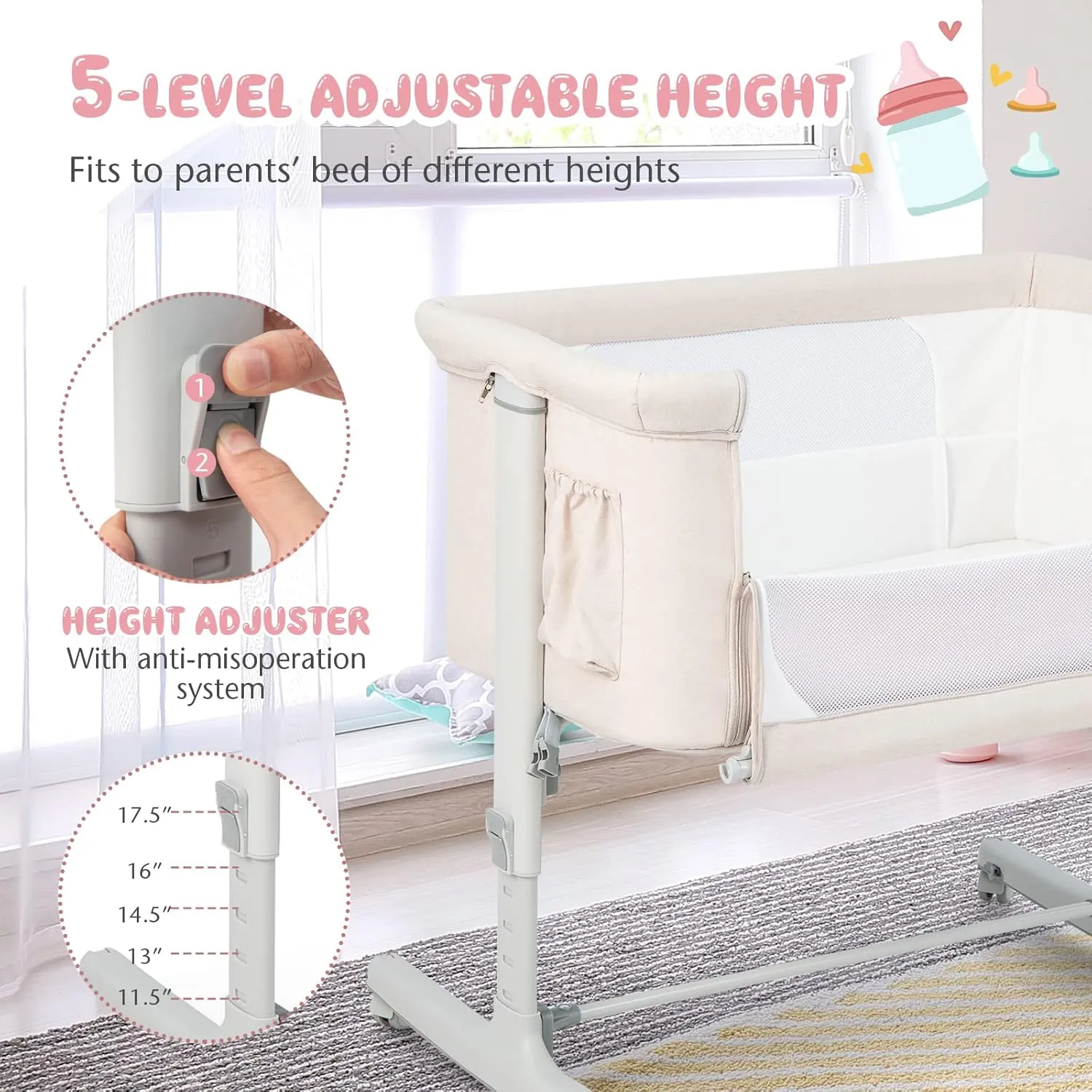 BABY JOY Bassinet Bedside Sleeper, 3 in 1 Folding Crib w/Adjustable Height, Mattress, Lockable Wheels, Storage Pocket & Carry Bag for Infant Newborn, Stationary & Rock, Portable Baby Bassinet (Beige)