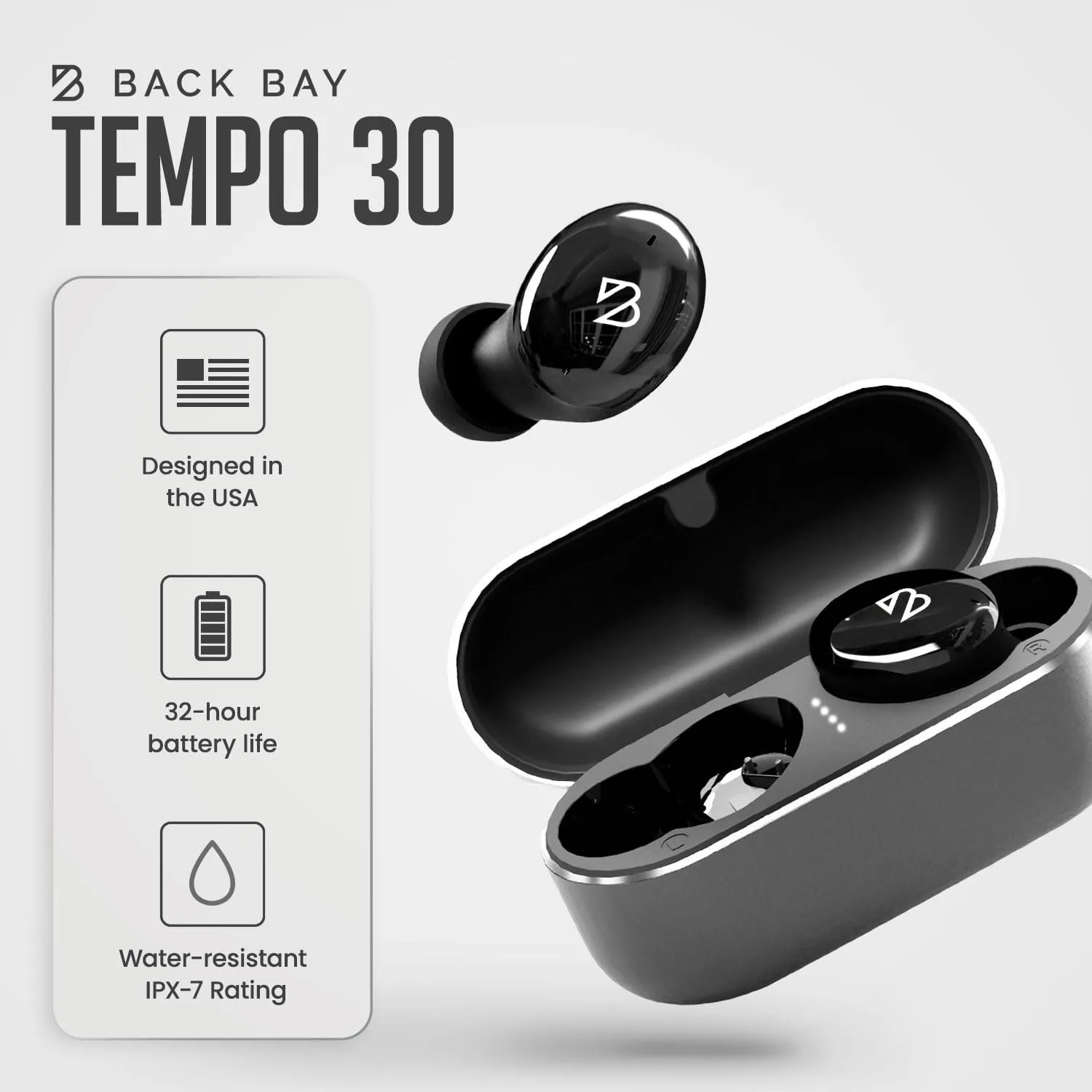 Back Bay Audio Tempo 30 Wireless Earbuds for Small Ears - Award-Winning Sound, Sweatproof Bluetooth Earbuds, Comfortable Ear Buds for Women, Black Earphones Small Ear Canals, Long Battery Headphones