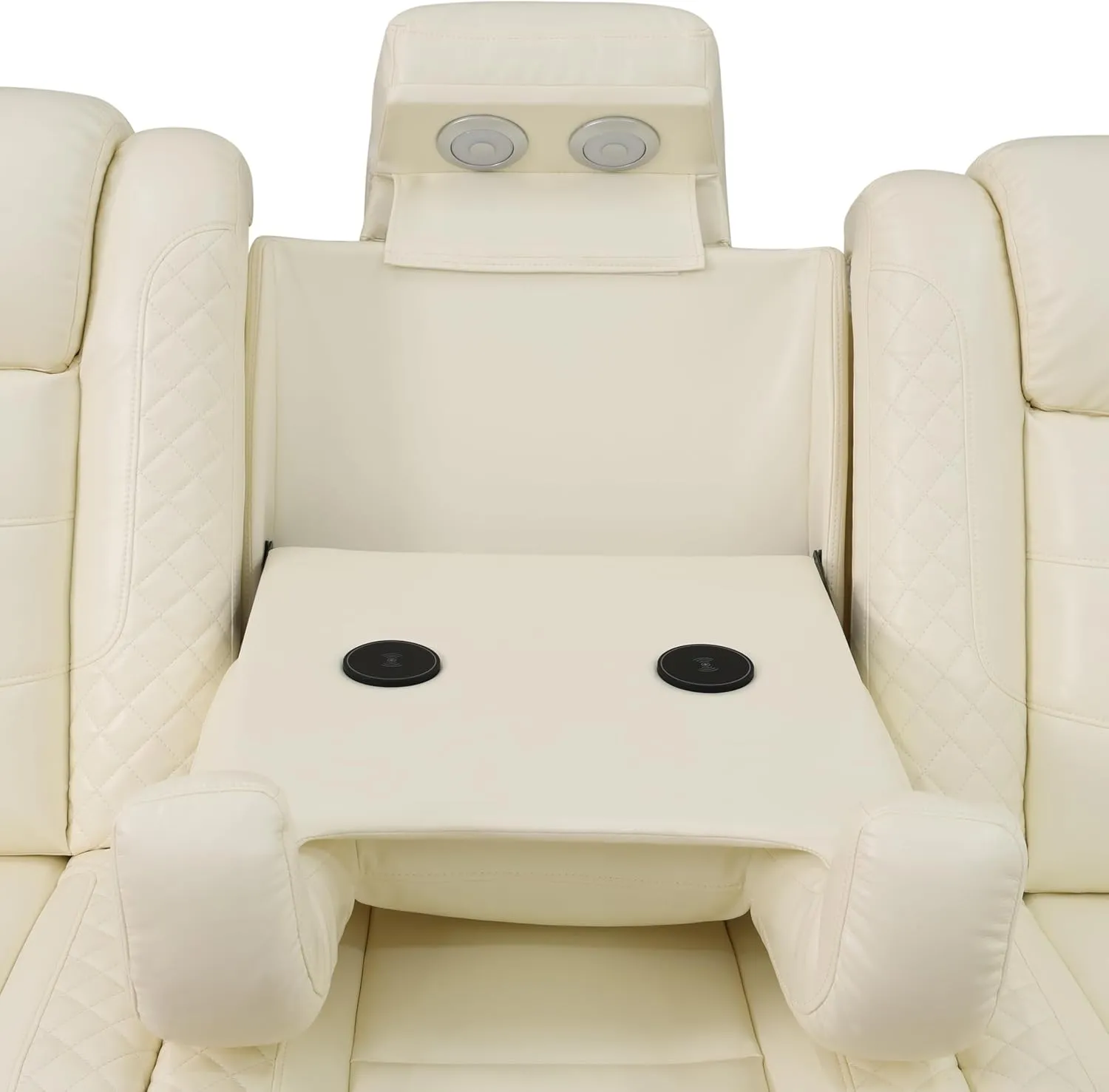 Ball & Cast Power Recliner Sofa Sectional Couch,Breathing Leather Living Room Reclining w/Wireless Chargers LED,Home Theater 3 Seat Couches with Lighting Reversible Coffe Table & Metal Support,White