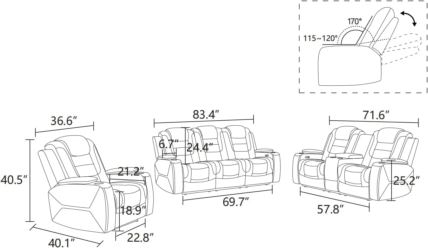 Ball & Cast Power Recliner Sofa Sectional Couch,Breathing Leather Living Room Reclining w/Wireless Chargers LED,Home Theater 3 Seat Couches with Lighting Reversible Coffe Table & Metal Support,White