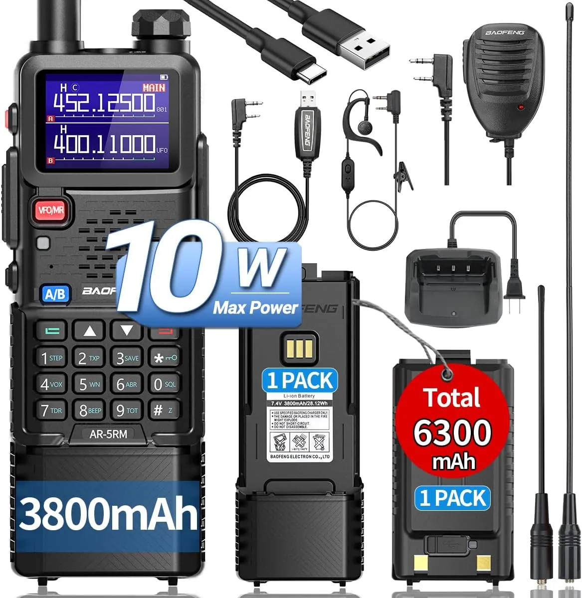 BAOFENG Ham Radio10W Radio AR-5RM Handheld Two Way Radio NOAA Weather Radio 5RM Rechargeable Long Range Walkie Talkies Survival Gear Copy Frequency 999CH with USB Charger 3800mAh Battery Speaker Mic