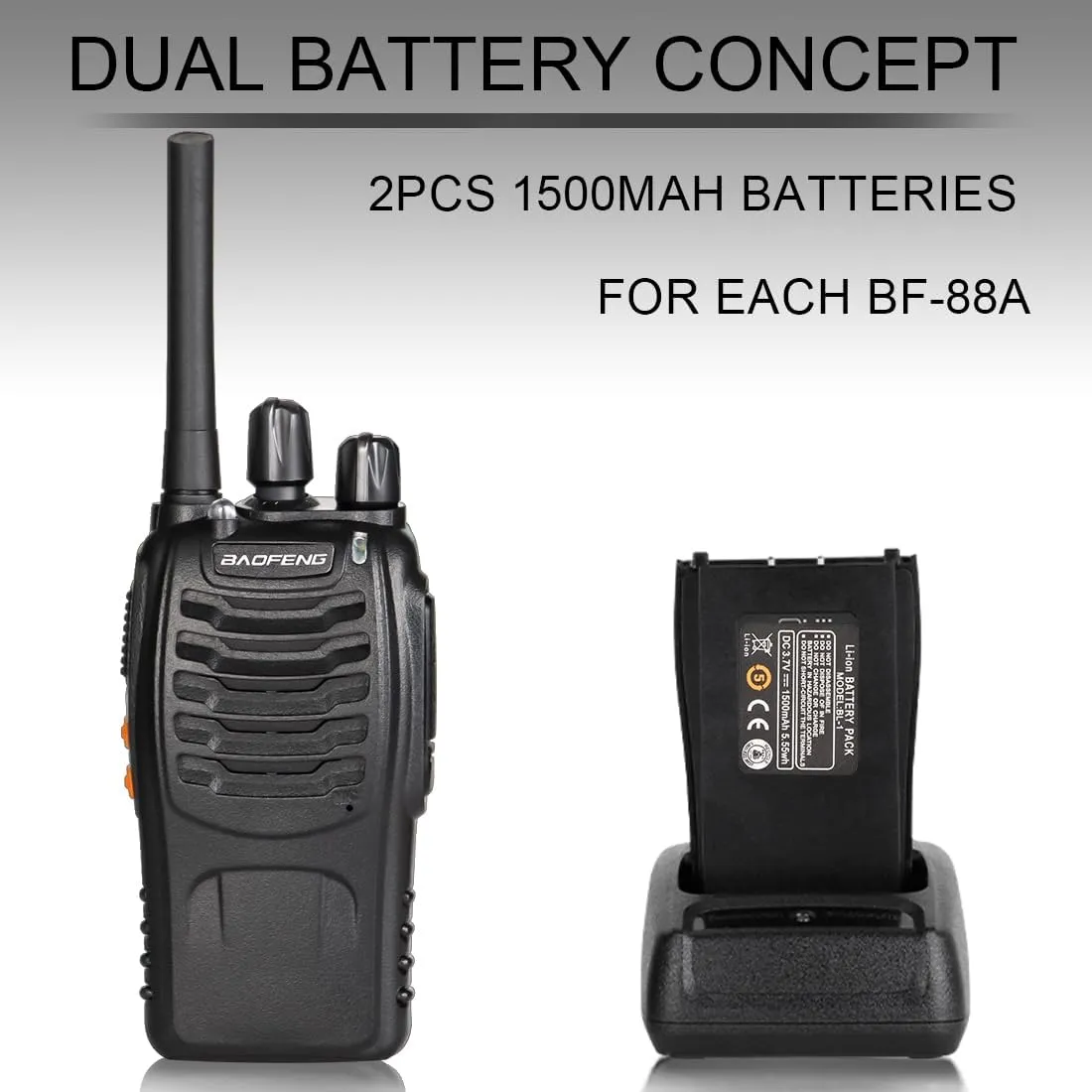 BaoFeng Walkie Talkies for Adults Long Range Rechargeable Walkie-Talkie with 4PCS Batteries & Earpieces with Mic, Portable FRS Two Way Radios for Business Camping Family Kids, Black BF-88A 2Pack