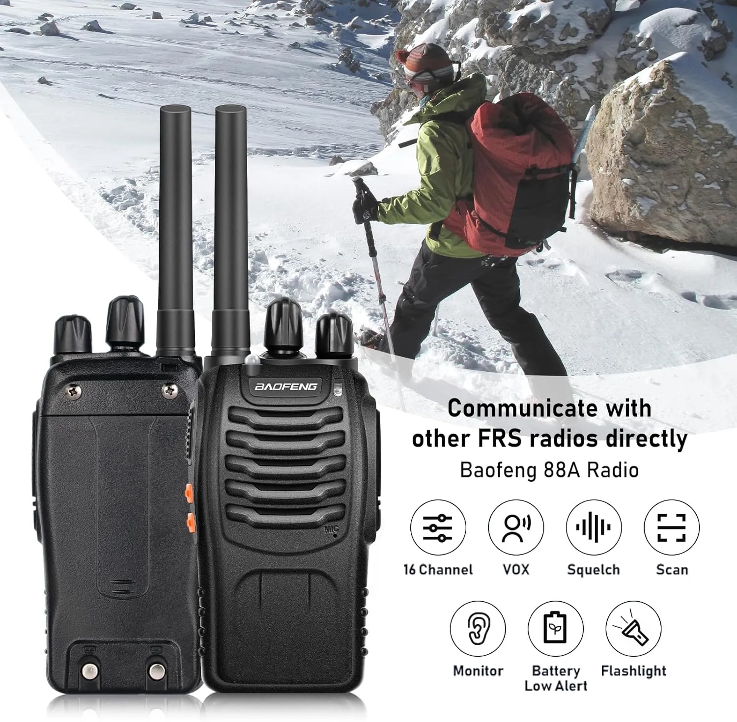 BaoFeng Walkie Talkies for Adults Long Range Rechargeable Walkie-Talkie with 4PCS Batteries & Earpieces with Mic, Portable FRS Two Way Radios for Business Camping Family Kids, Black BF-88A 2Pack