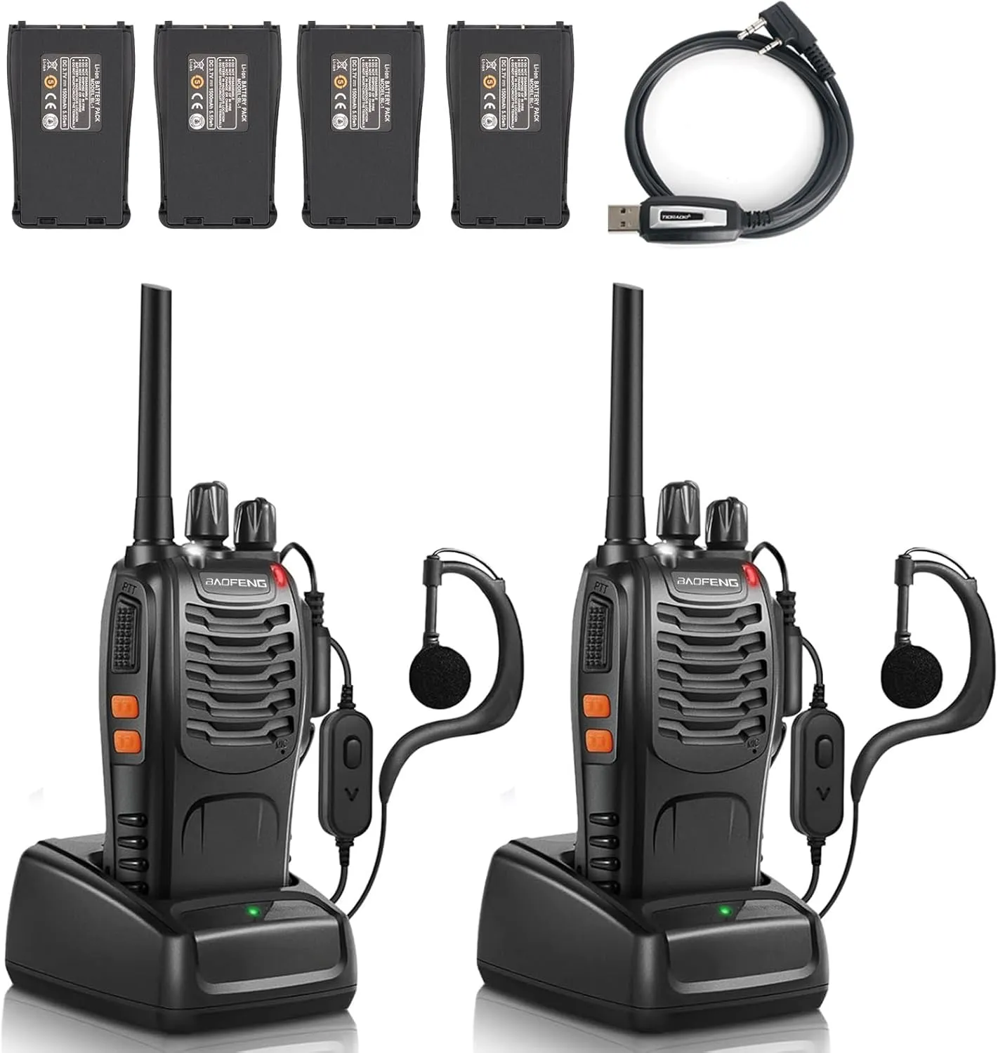 BaoFeng Walkie Talkies for Adults Long Range Rechargeable Walkie-Talkie with 4PCS Batteries & Earpieces with Mic, Portable FRS Two Way Radios for Business Camping Family Kids, Black BF-88A 2Pack