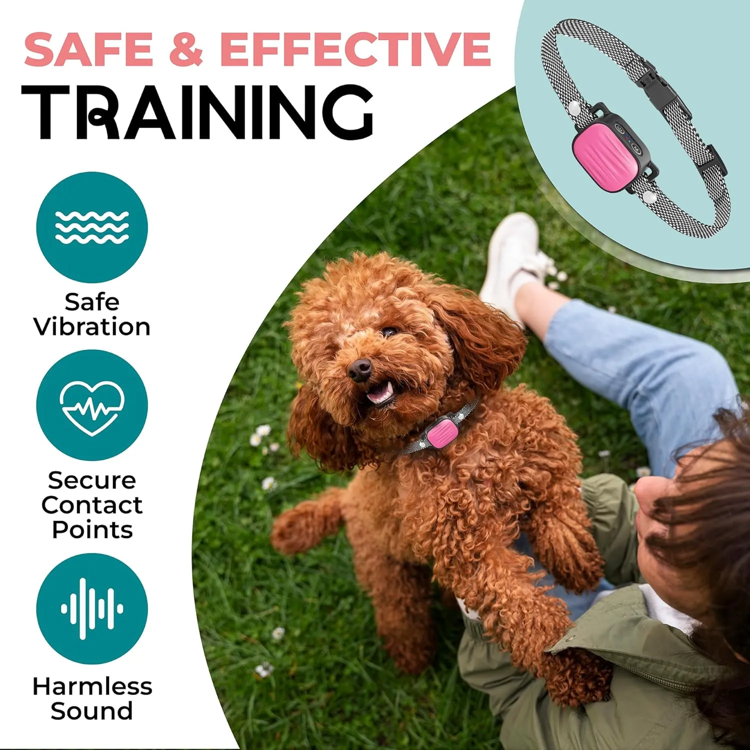 Bark Collar for Small/Medium Dogs, No Shock Anti Bark Collar, Rechargeable Anti Barking Collar w/2 Vibration & Beep Modes, Waterproof Shockless Smart Dog Stop Barking Control Device (Pink)