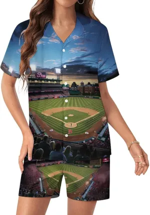 Baseball Ballpark Cityscape Women's Satin Pajama Set Short Sleeve Button Down Sleepwear Loungewear Pj Set