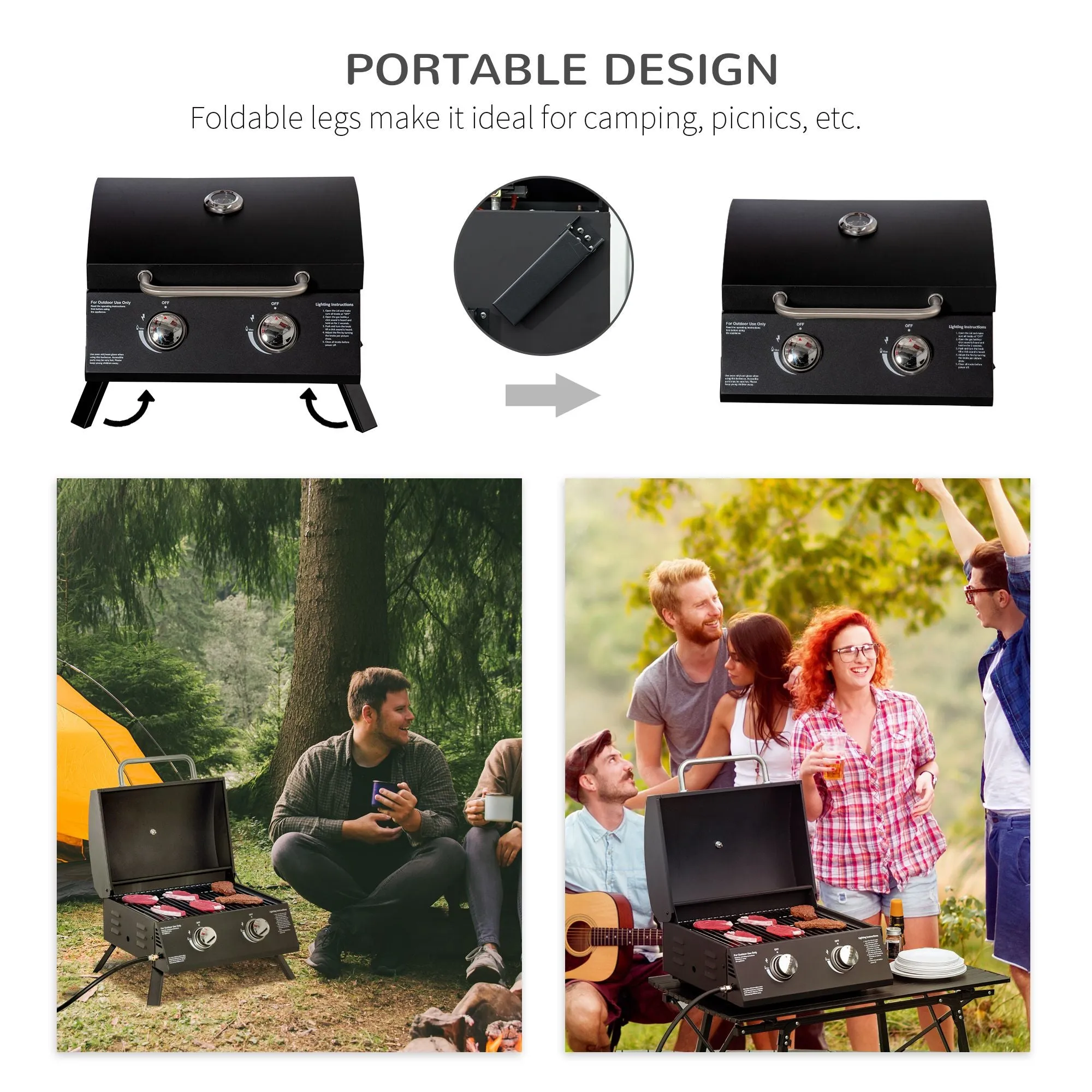 BBQ Artistic Legs 2 Burner Gas Optimized Foldable Tabletop Grill with Propane
