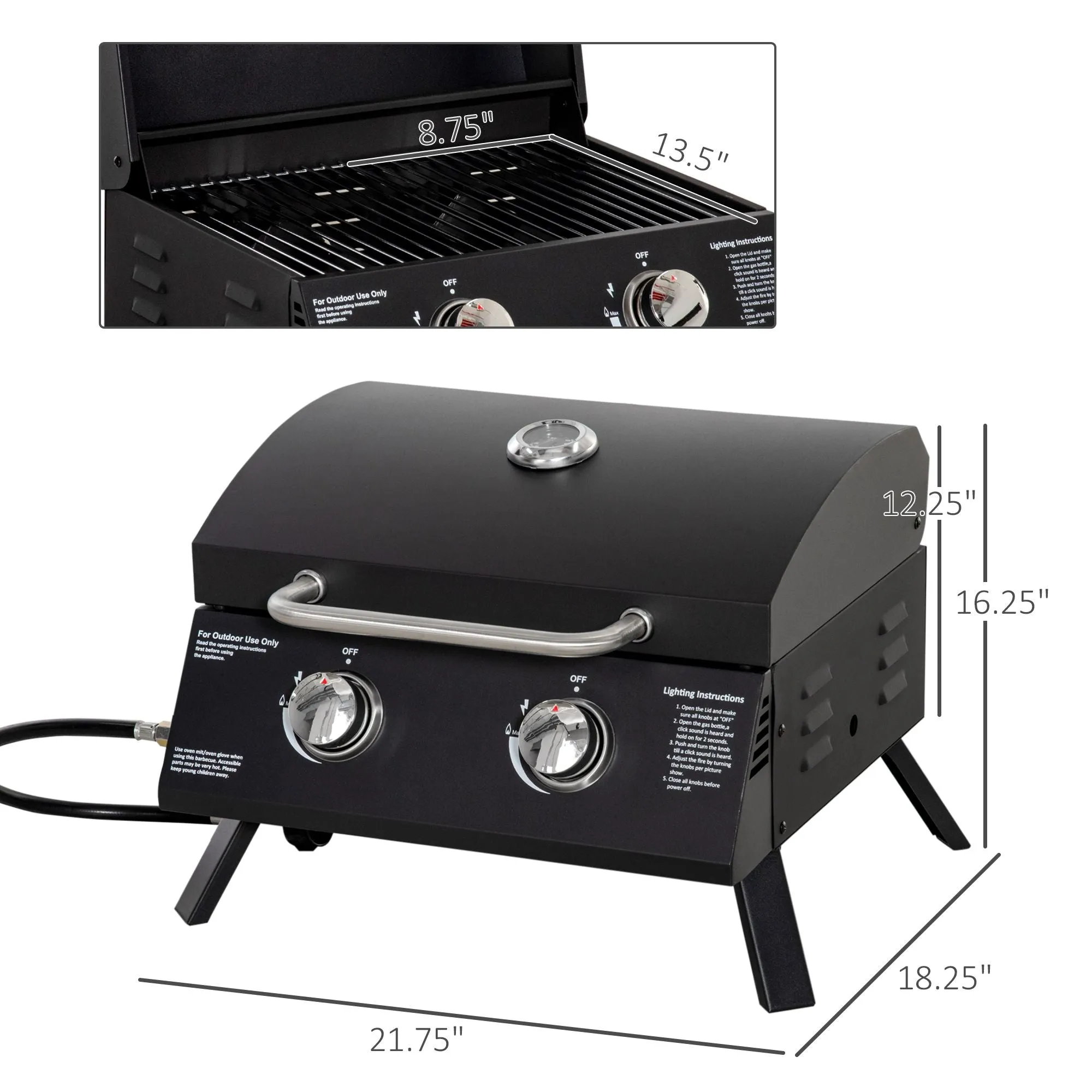 BBQ Artistic Legs 2 Burner Gas Optimized Foldable Tabletop Grill with Propane
