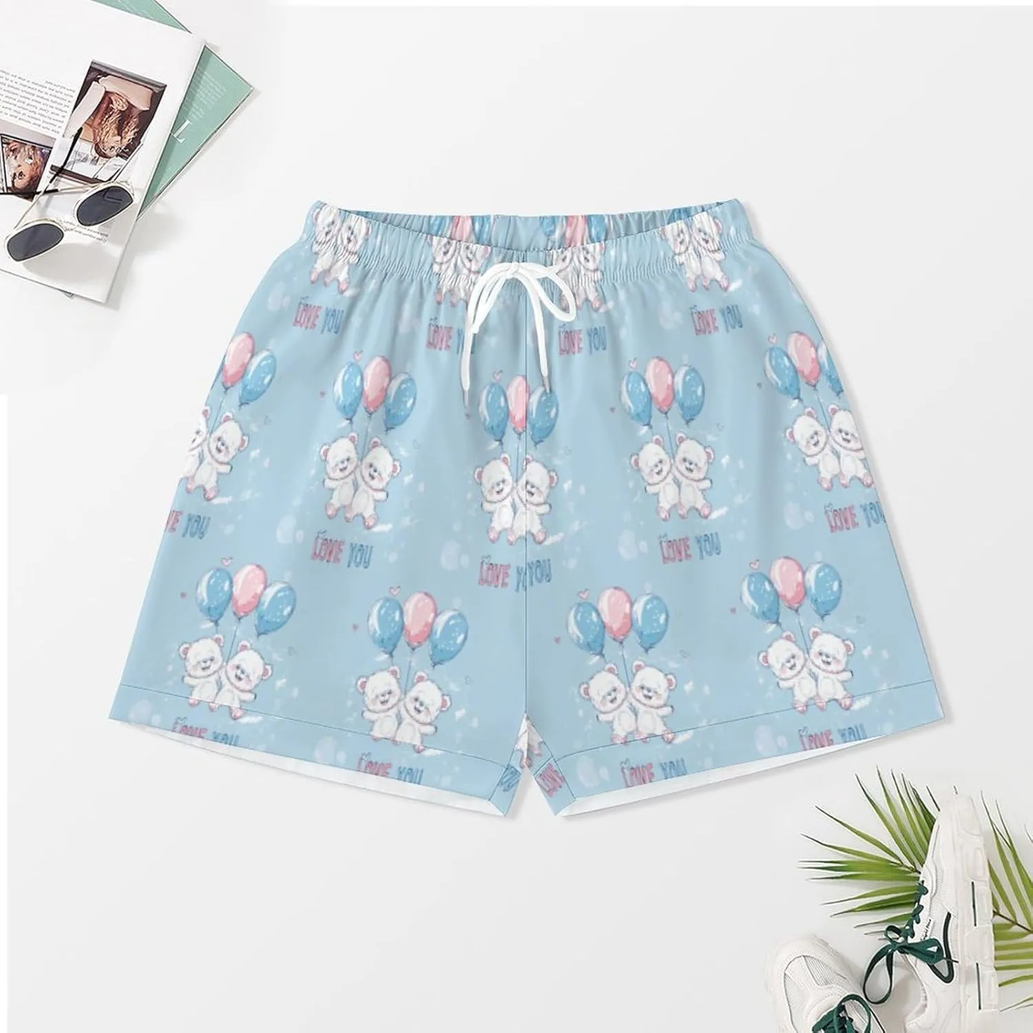 Bears Balloons Loves You Women's Satin Pajama Set Short Sleeve Button Down Sleepwear Loungewear Pj Set