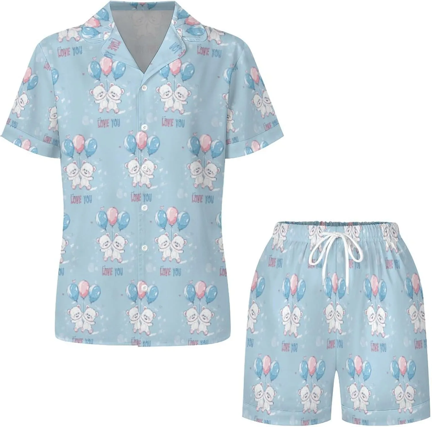 Bears Balloons Loves You Women's Satin Pajama Set Short Sleeve Button Down Sleepwear Loungewear Pj Set