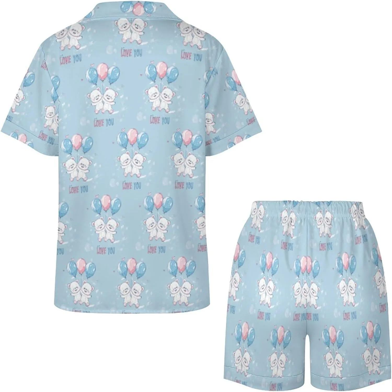 Bears Balloons Loves You Women's Satin Pajama Set Short Sleeve Button Down Sleepwear Loungewear Pj Set