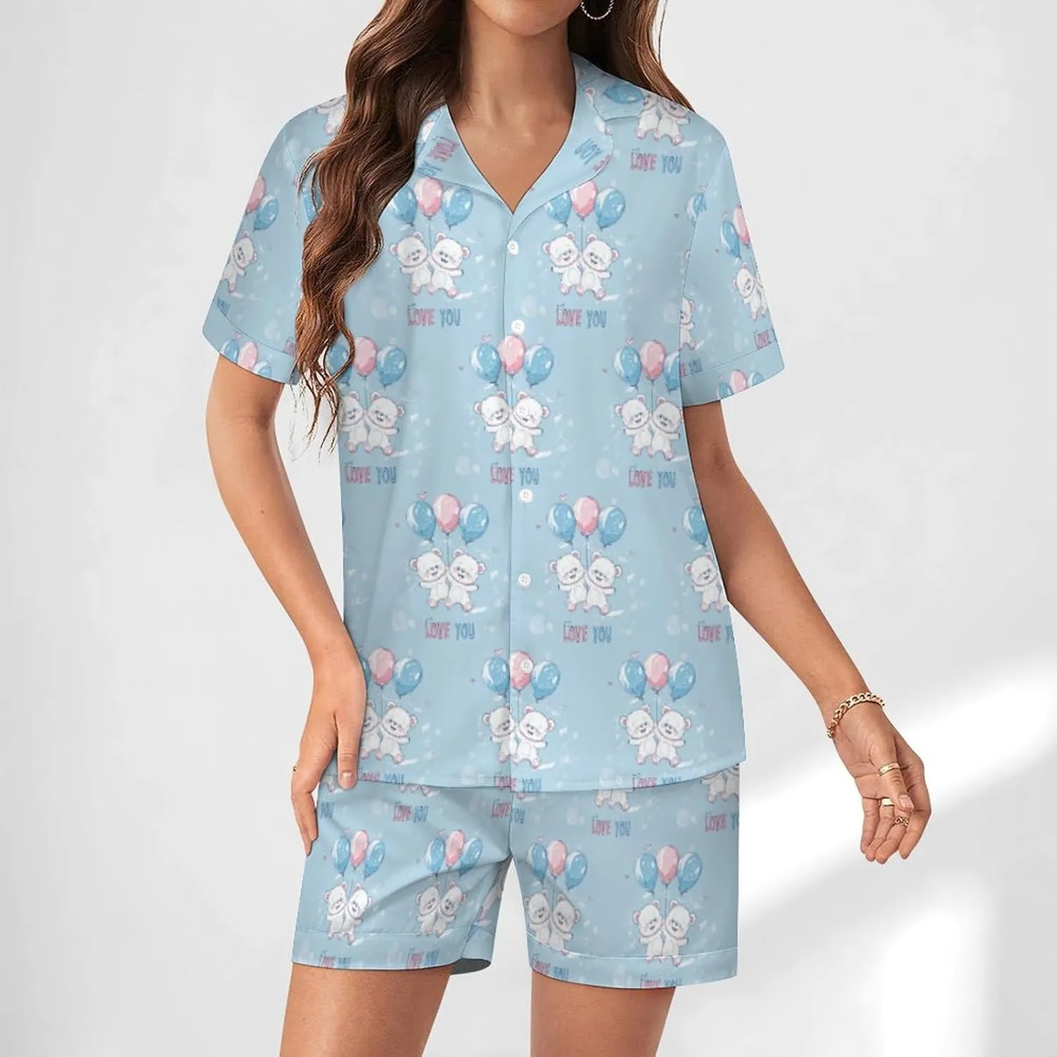 Bears Balloons Loves You Women's Satin Pajama Set Short Sleeve Button Down Sleepwear Loungewear Pj Set