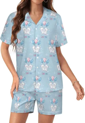 Bears Balloons Loves You Women's Satin Pajama Set Short Sleeve Button Down Sleepwear Loungewear Pj Set