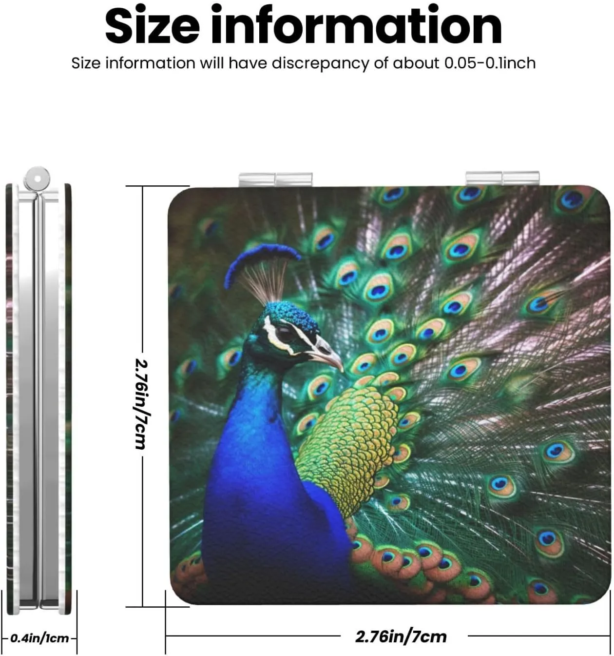 Beautiful Peacock Printed Square Pocket Makeup Mirror with 1X/2X Magnification, Portable Mini Travel Makeup Mirror for Travel Daily Work Beauty