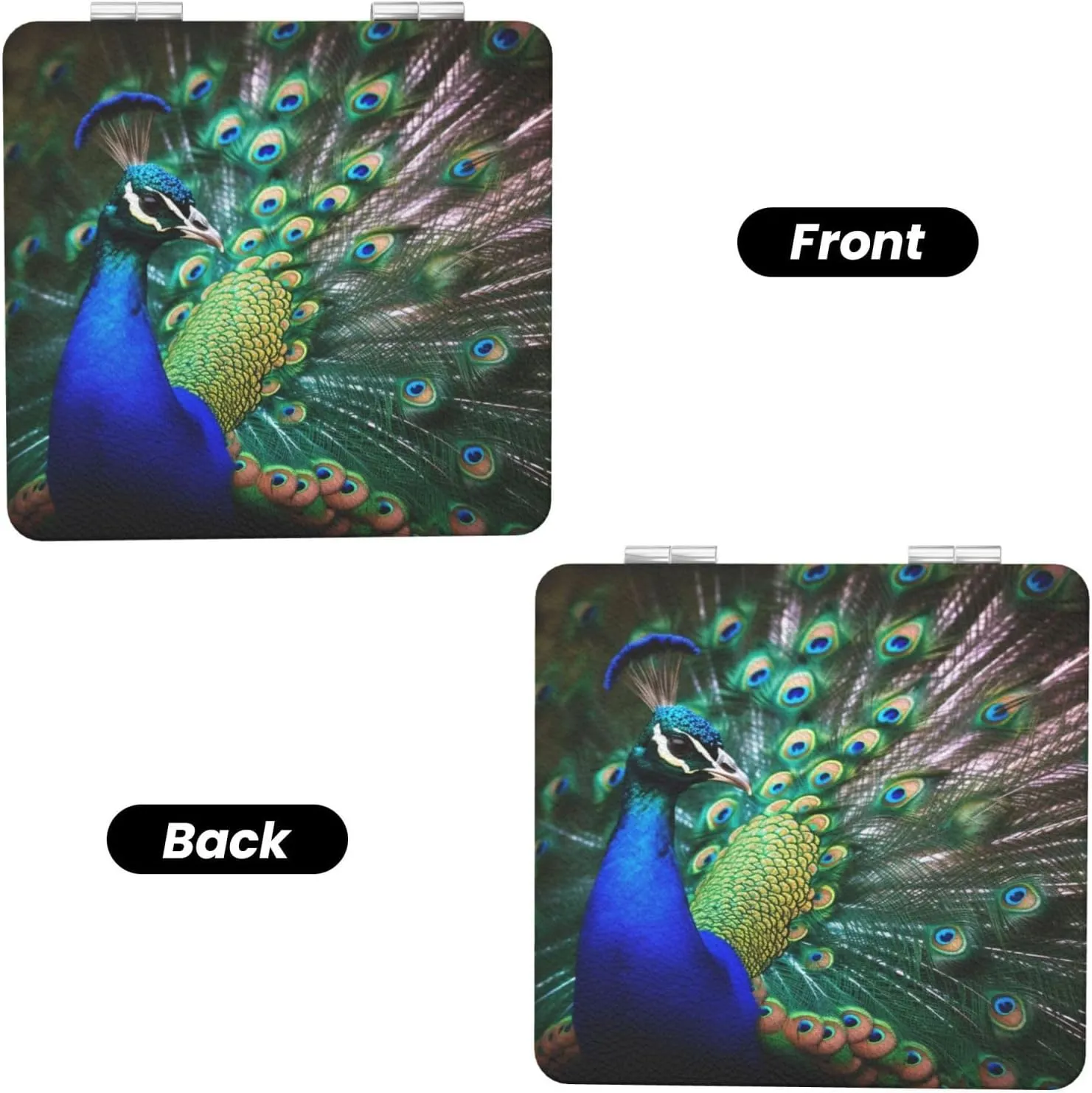 Beautiful Peacock Printed Square Pocket Makeup Mirror with 1X/2X Magnification, Portable Mini Travel Makeup Mirror for Travel Daily Work Beauty