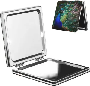 Beautiful Peacock Printed Square Pocket Makeup Mirror with 1X/2X Magnification, Portable Mini Travel Makeup Mirror for Travel Daily Work Beauty