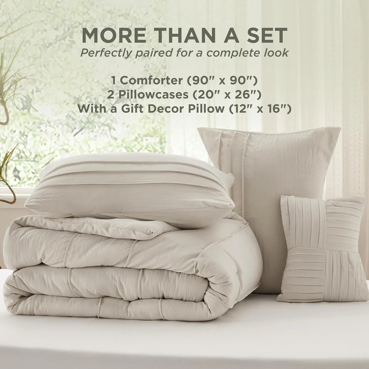 Bedsure Queen Comforter Set - 4 Pieces Pinch Pleat Bed Set, Beige Boho Bedding for All Season, 1 Soft Comforter, 2 Pillowcases, 1 Decorative Pillow