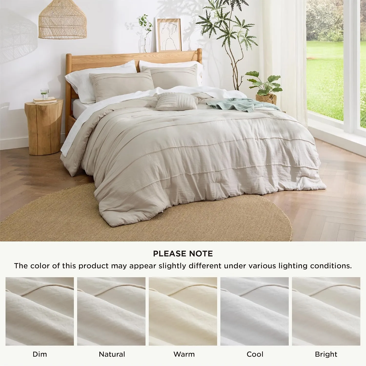 Bedsure Queen Comforter Set - 4 Pieces Pinch Pleat Bed Set, Beige Boho Bedding for All Season, 1 Soft Comforter, 2 Pillowcases, 1 Decorative Pillow
