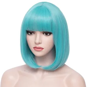 BERON 12 Inches Blue Bob Wig Short Straight Light Blue Wig with Bangs Teal Blue Wig for Women Halloween Cosplay or Daily Use Wigs (Light Blue)