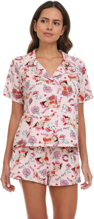 Betty Boop Women’s Pajama Set, Soft Stretchy Pajama Shorts & Short Sleeve, Notch Collar, Button Down Top