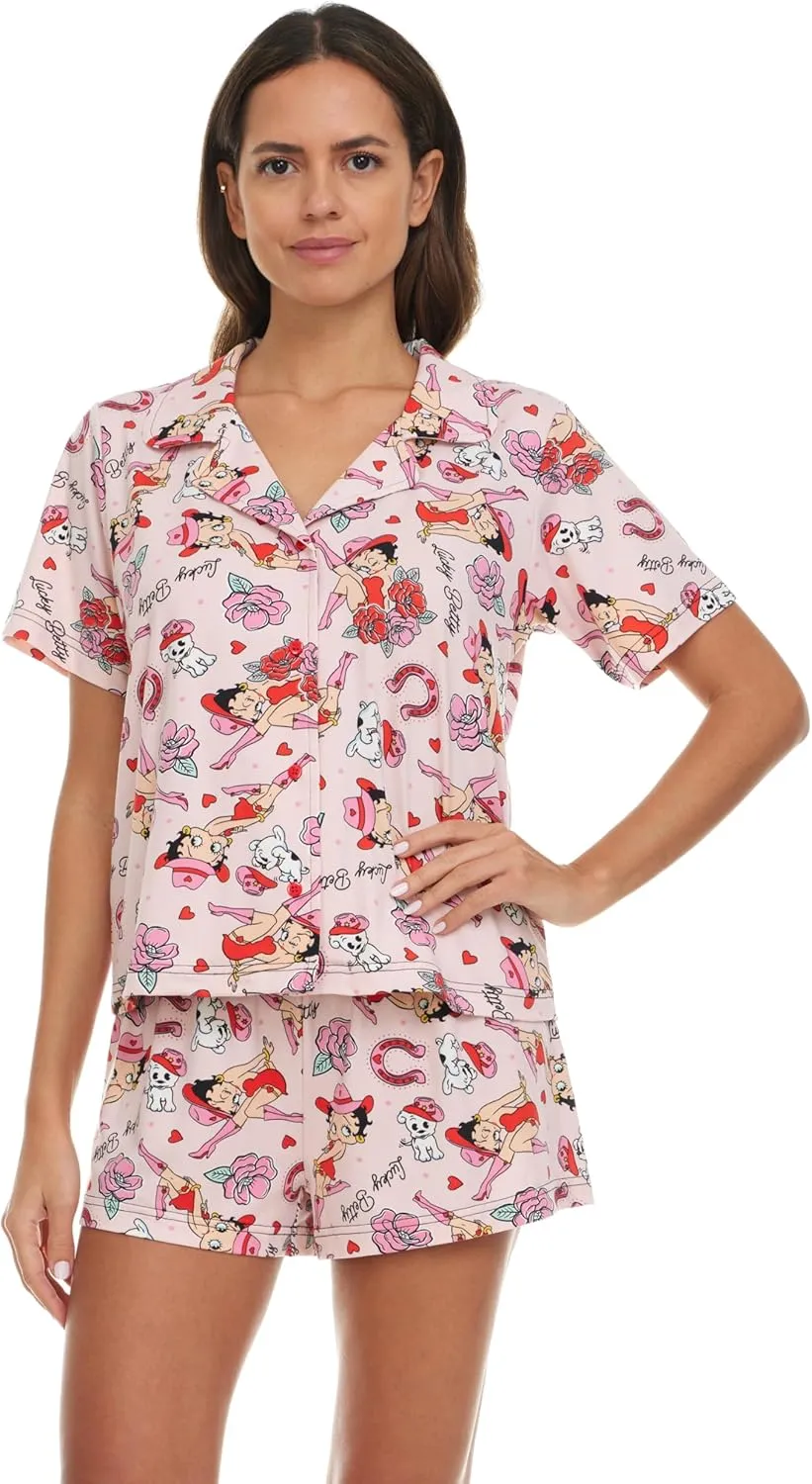 Betty Boop Women’s Pajama Set, Soft Stretchy Pajama Shorts & Short Sleeve, Notch Collar, Button Down Top