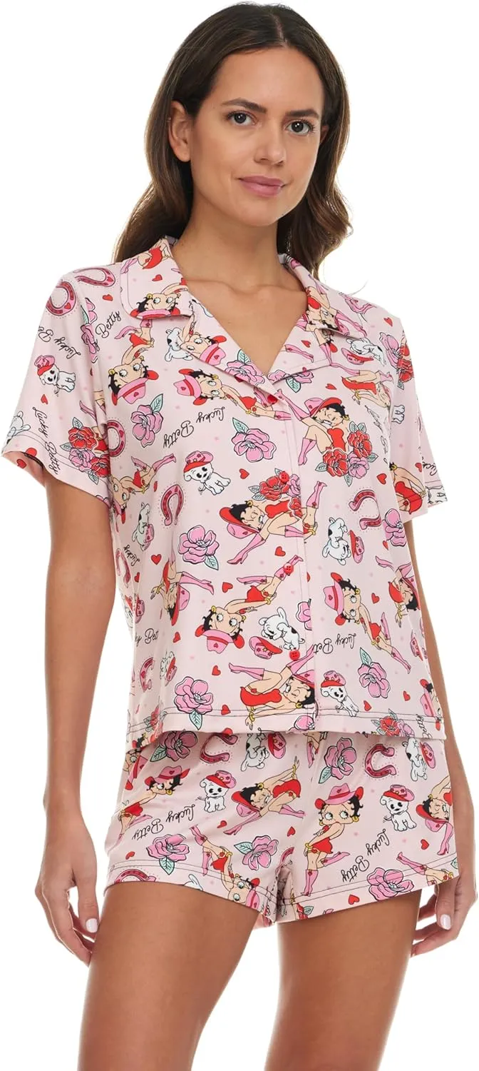 Betty Boop Women’s Pajama Set, Soft Stretchy Pajama Shorts & Short Sleeve, Notch Collar, Button Down Top