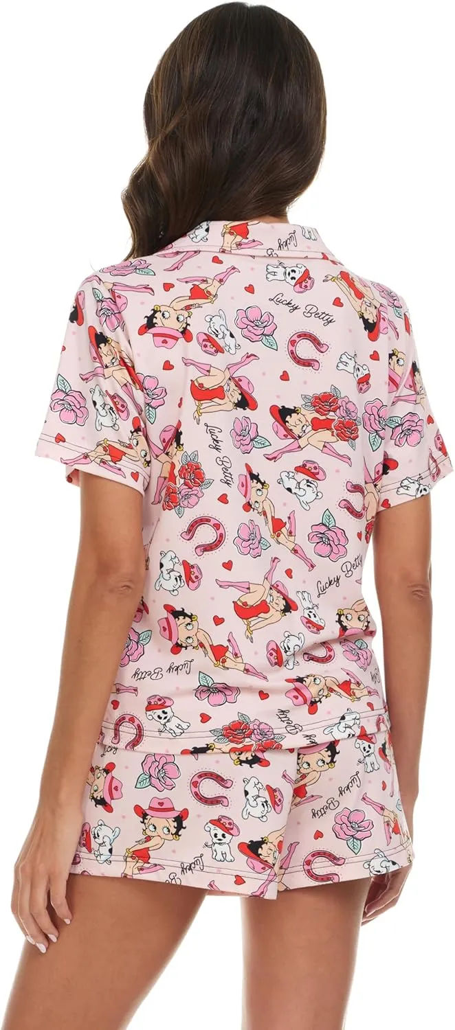 Betty Boop Women’s Pajama Set, Soft Stretchy Pajama Shorts & Short Sleeve, Notch Collar, Button Down Top