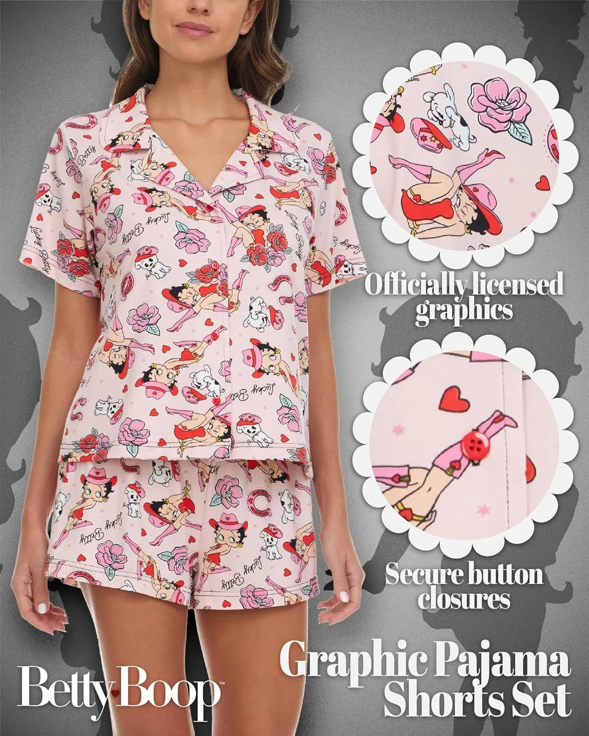 Betty Boop Women’s Pajama Set, Soft Stretchy Pajama Shorts & Short Sleeve, Notch Collar, Button Down Top