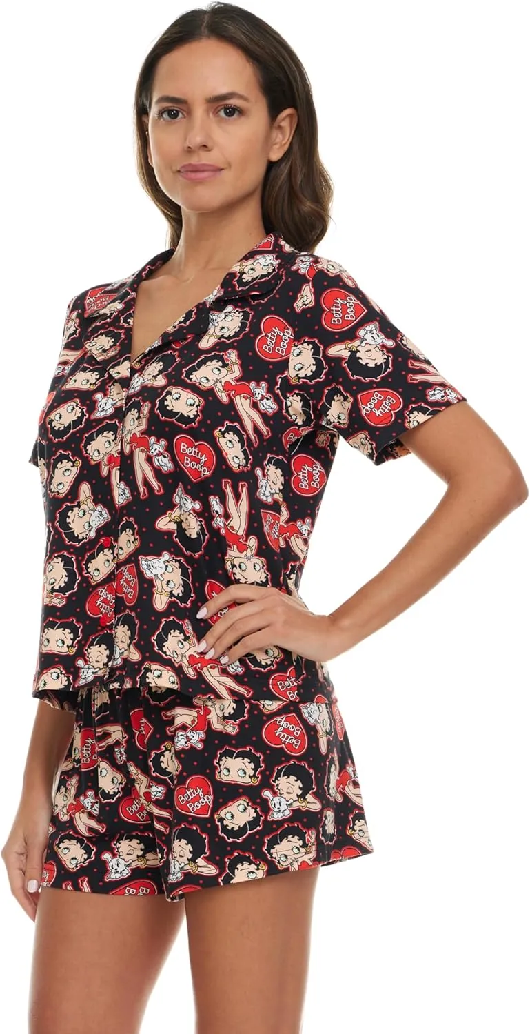 Betty Boop Women’s Pajama Set, Soft Stretchy Pajama Shorts & Short Sleeve, Notch Collar, Button Down Top