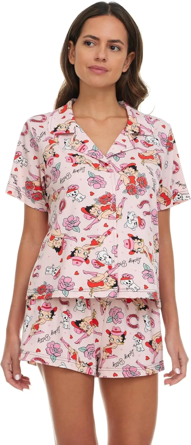 Betty Boop Women’s Pajama Set, Soft Stretchy Pajama Shorts & Short Sleeve, Notch Collar, Button Down Top